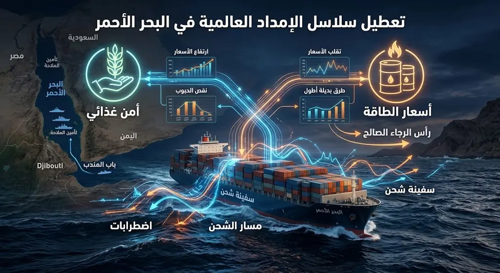 إنفوجرافيك ثلاثي الأبعاد يوضح تأثير اضطراب الملاحة في البحر الأحمر على سلاسل الإمداد العالمية وأسعار الغذاء والطاقة.