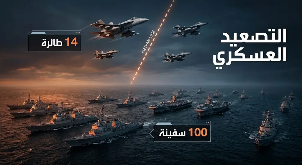 تصميم بصري إبداعي يعكس حجم التصعيد العسكري من خلال إبراز حشود السفن الحربية واختراق الطائرات لخط الوسط.