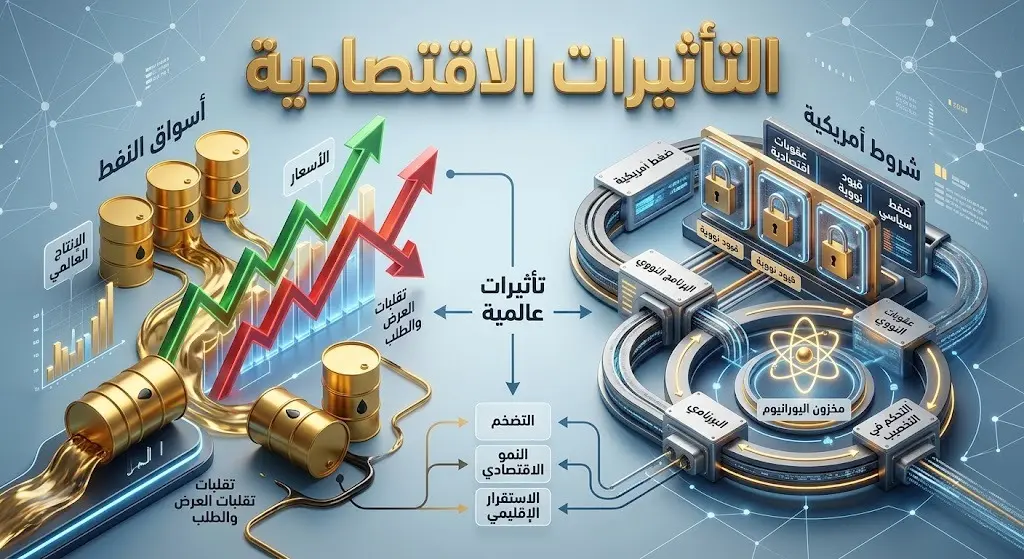 إنفوجرافيك تحليلي يستعرض التأثيرات المحتملة للتصريحات السياسية على أسواق النفط العالمية، ويسلط الضوء على سياسة الضغوط الأميركية.