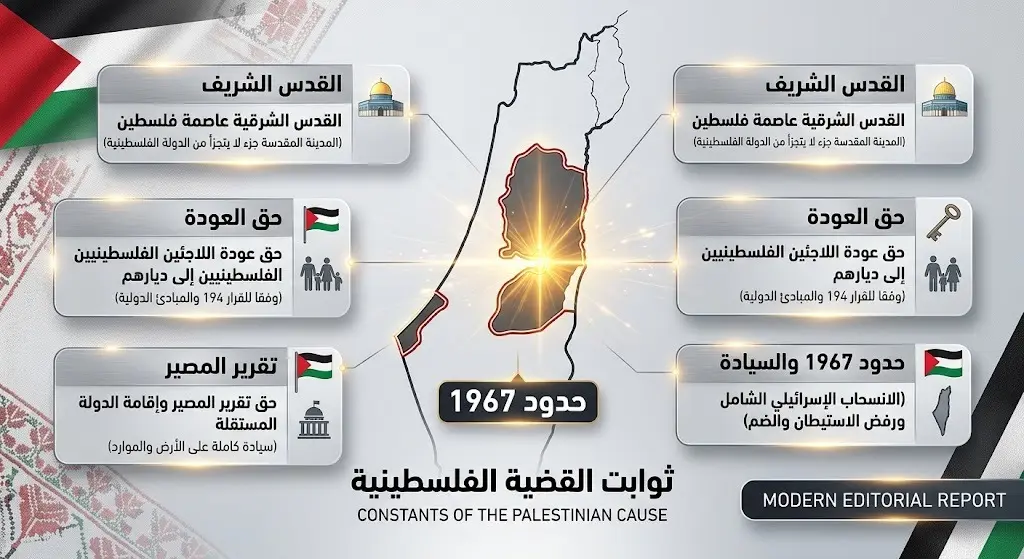 إنفوجرافيك احترافي يعرض خريطة الأراضي الفلسطينية مع إبراز حدود عام 1967 والقدس الشرقية، وتوظيف أنيق لألوان العلم الفلسطيني.