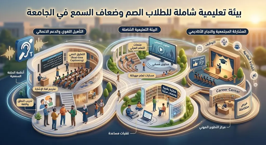 تصميم بصري إبداعي يجسد البيئة التعليمية الشاملة والمجهزة للطلاب الصم وضعاف السمع، ويوضح مسارات التأهيل اللغوي والأكاديمي.