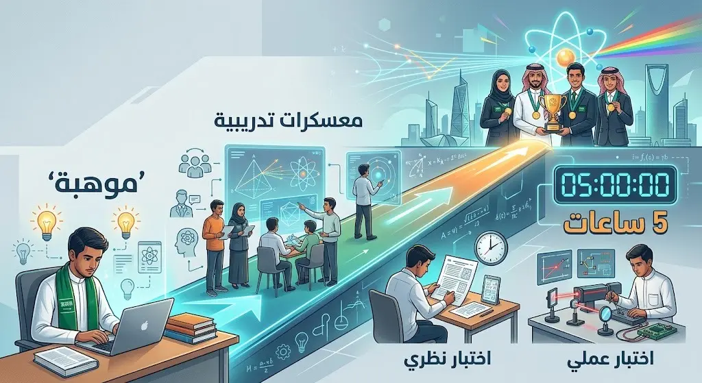 رسم تعبيري وإنفوجرافيك يوضح رحلة التدريب المكثفة للطلاب وشروط منافسات أولمبياد الفيزياء الدولي بشقيه النظري والعملي