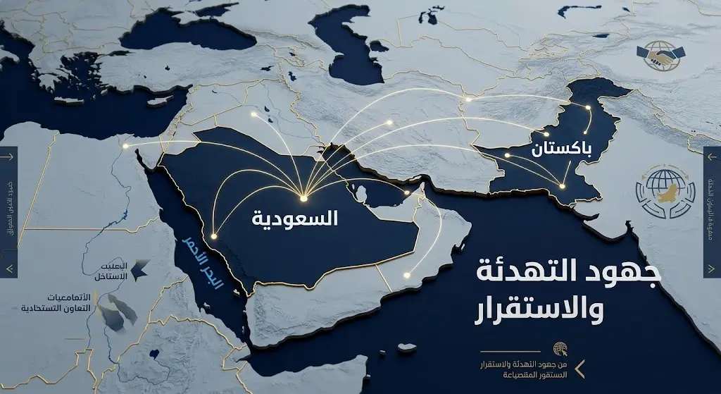 تصميم إنفوجرافيك يوضح خريطة الشرق الأوسط مع خطوط اتصال دبلوماسية تربط بين السعودية وباكستان، ويحمل عناوين عربية تسلط الضوء على جهود التهدئة والاستقرار الإقليمي.