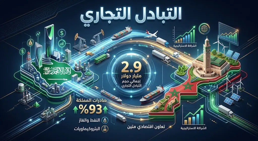 إنفوجرافيك ثلاثي الأبعاد يوضح حجم التبادل التجاري بين المملكة العربية السعودية والمغرب بقيمة 2.9 مليار دولار واستحواذ الصادرات السعودية على نسبة 93 بالمئة.