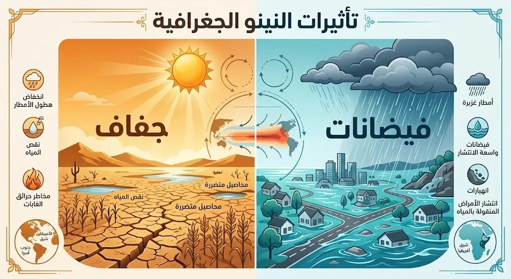 تصميم إنفوجرافيك يقارن بين تأثيرات ظاهرة النينو المتمثلة في الجفاف بالأمريكتين وجنوب شرق آسيا، والفيضانات في شرق أفريقيا.