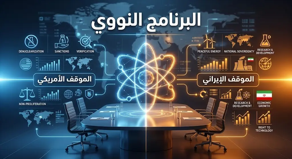 تصميم تعبيري وإنفوجرافيك للملف النووي يظهر مجسماً لذرة مشعة مقسومة بلونين مختلفين لتمثيل التباين في المواقف بين واشنطن وطهران، مع نصوص توضيحية عربية.