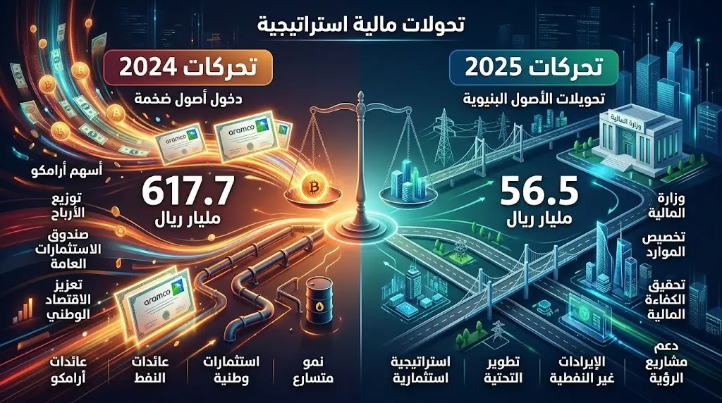 إنفوجرافيك مقارن يبرز التباين بين الأصول الضخمة المستلمة في عام 2024 ونقل أصول البنية التحتية في عام 2025.