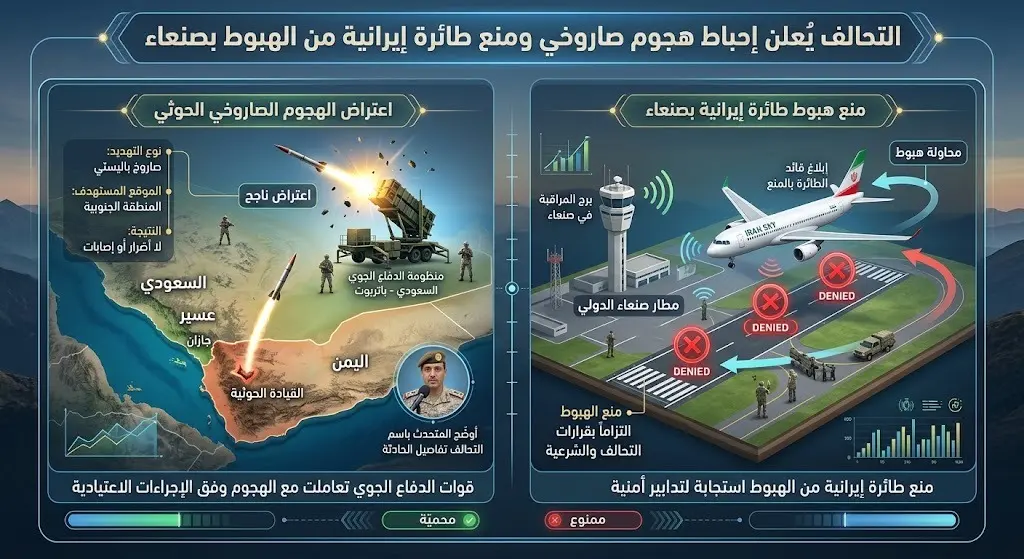 التحالف يعلن إحباط هجوم صاروخي حوثي على المنطقة الجنوبية ومنع طائرة إيرانية من الهبوط بصنعاء