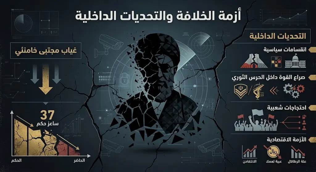 إنفوجرافيك صحفي يجسد التحديات الداخلية الإيرانية وأزمة الخلافة، مع إبراز غياب مجتبى خامنئي وسط الانقسامات السياسية.