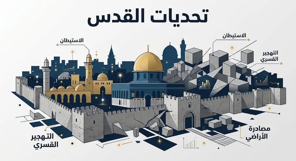 تصميم إنفوجرافيك يوضح التحديات التي تواجه القدس كالتوسع الاستيطاني والتهجير القسري، مع تسميات عربية دقيقة وتصميم بصري متوازن.