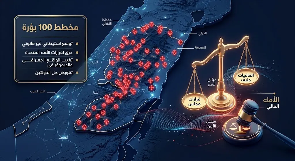 تصميم إنفوجرافيك يوضح خريطة الضفة الغربية مع 100 نقطة استيطانية مستهدفة بجوار ميزان العدالة الذي يرمز للقانون الدولي.