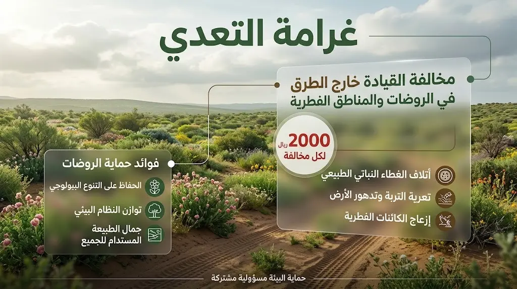 صورة تعبيرية وإلى جانبها لوحة معلومات تبرز غرامة 2000 ريال للمتعدين بمركباتهم على الغطاء النباتي.