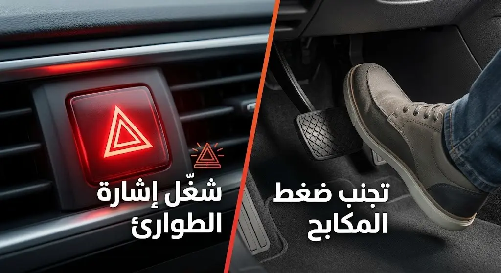 إنفوجرافيك يوضح أهمية تفعيل إشارات الطوارئ وتجنب الضغط على المكابح عند تعطل الإطار.