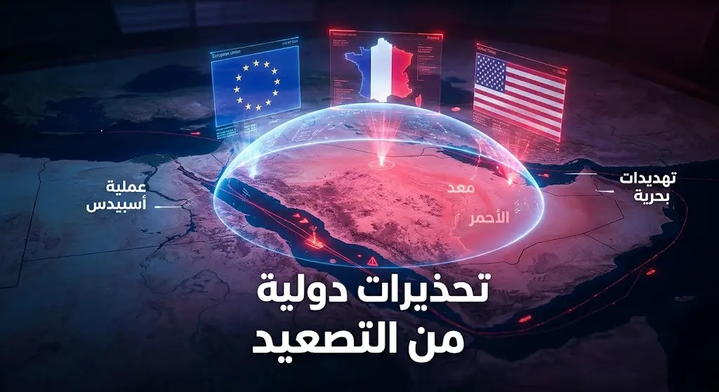 تصميم تعبيري يبرز التحذيرات الدولية والجهود لحماية الملاحة في البحر الأحمر.