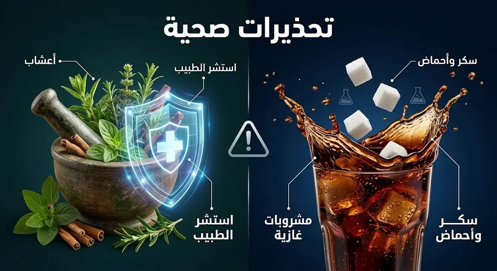 إنفوجرافيك يوضح التحذيرات الصحية حول الاستخدام العشوائي للأعشاب وأضرار السكريات والأحماض في المشروبات الغازية