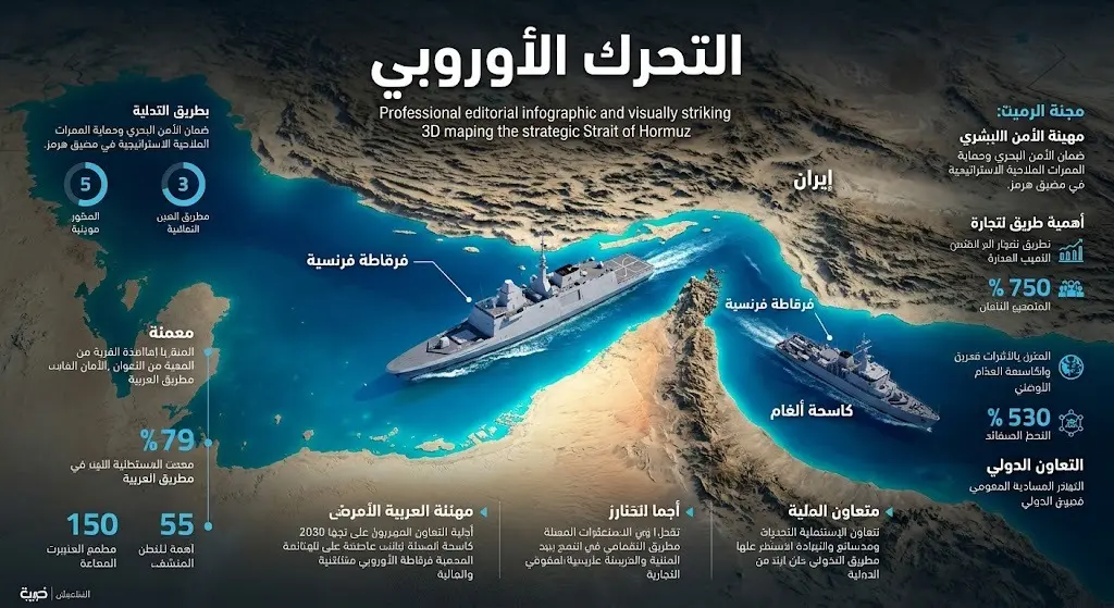 خريطة إنفوجرافيك ثلاثية الأبعاد تبرز مضيق هرمز وتمركز الفرقاطات وكاسحات الألغام الفرنسية مع تسميات توضيحية دقيقة باللغة العربية.