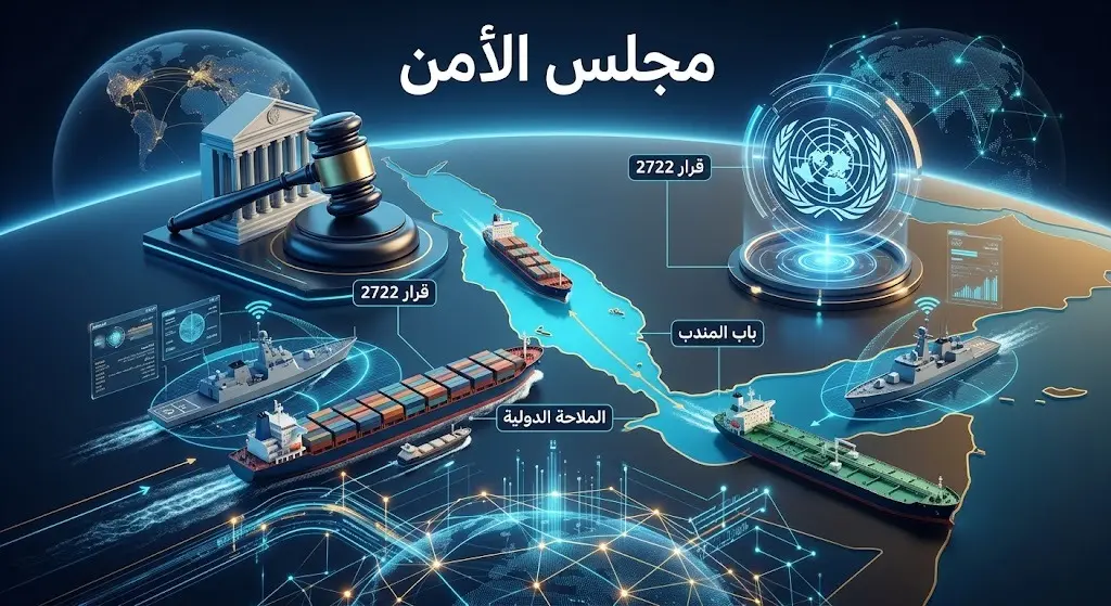 إنفوجرافيك احترافي يعرض مسارات التجارة العالمية عبر البحر الأحمر ومضيق باب المندب، مع إبراز أهمية تطبيق قرارات مجلس الأمن لحماية الملاحة.
