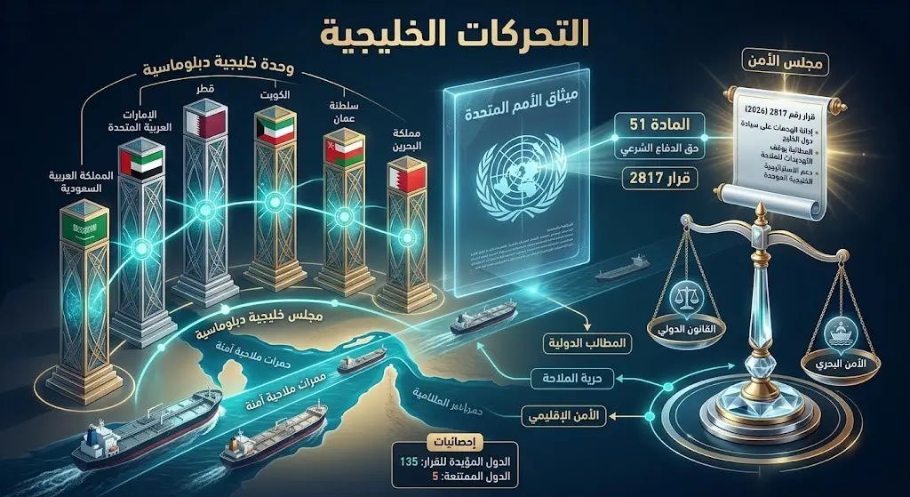 تصميم إبداعي يدمج بين رموز الوحدة الخليجية وميزان العدالة، تعبيراً عن المطالب القانونية الدولية لحماية الملاحة.