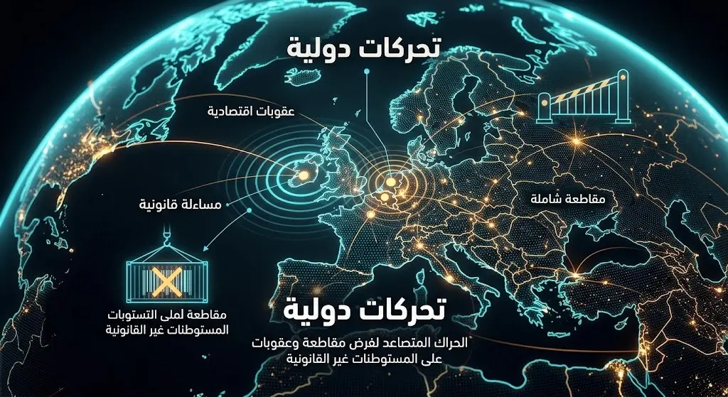 خريطة بصرية مفاهيمية توضح اتساع نطاق التحركات الدولية والمطالبات بفرض عقوبات على سلع المستوطنات