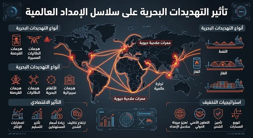 إنفوجرافيك يوضح مسارات سلاسل الإمداد العالمية وتأثير التهديدات الأمنية على تدفق النفط والغاز والتجارة