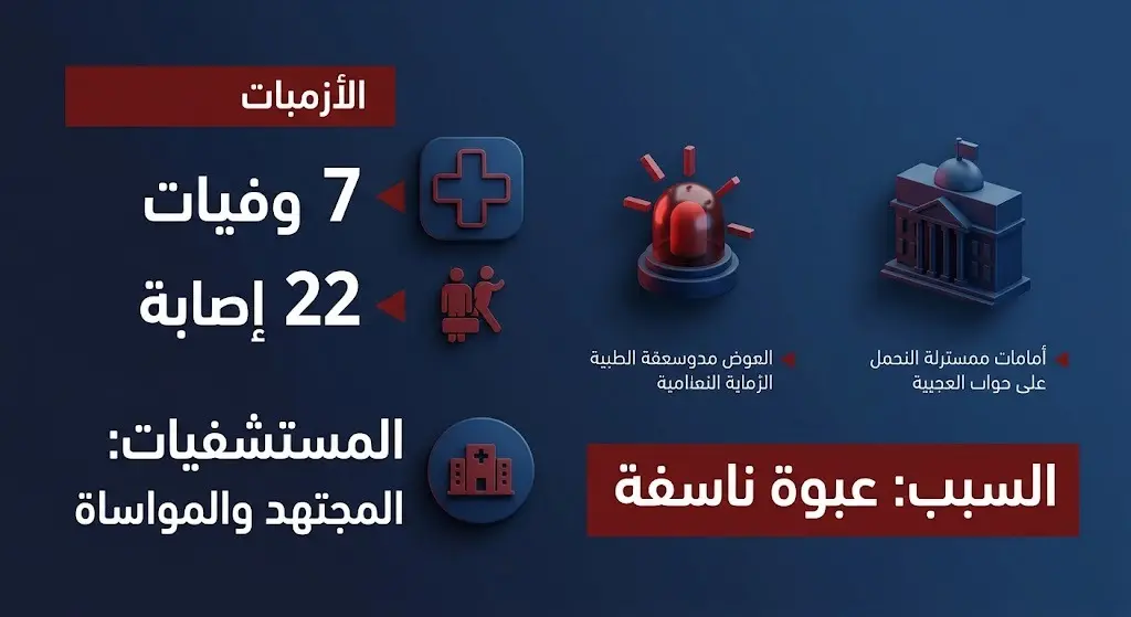 إنفوجرافيك إخباري يوضح حصيلة ضحايا الانفجار وتوزيعهم على المستشفيات وتأكيد سبب الحادث.