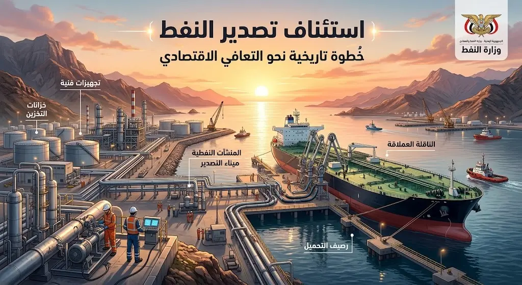 صورة تعبيرية لمنشأة نفطية يمنية مع إنفوجرافيك يوضح بدء التجهيزات الفنية لاستئناف التصدير.