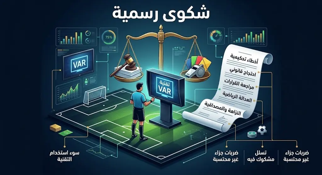 تصميم يجسد التحركات القانونية والاعتراضات على قرارات طاقم التحكيم وتقنية الفيديو.