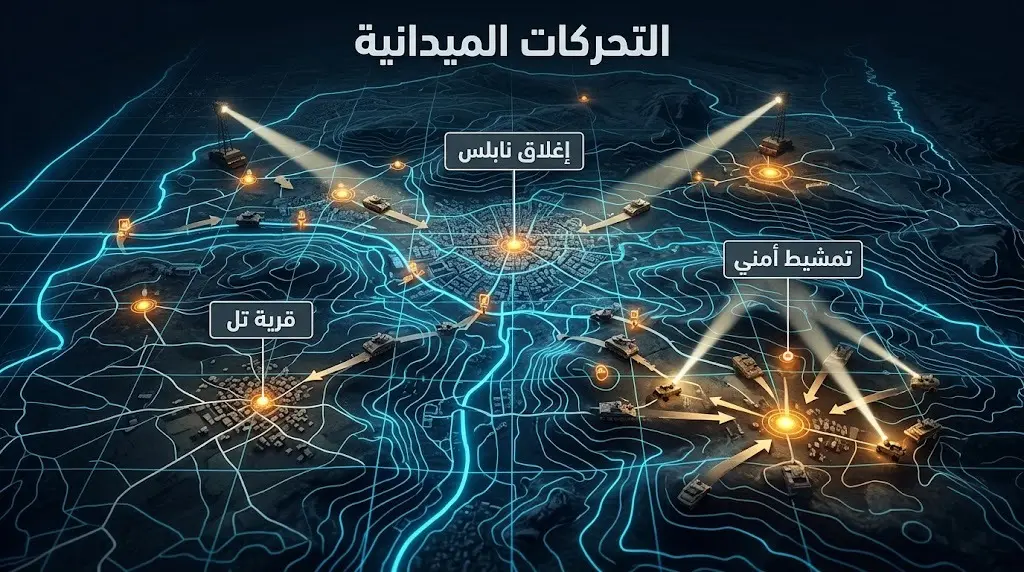 تصميم تعبيري يظهر الإغلاقات العسكرية وعمليات التمشيط التي ينفذها جيش الاحتلال في محيط قرية تل ونابلس