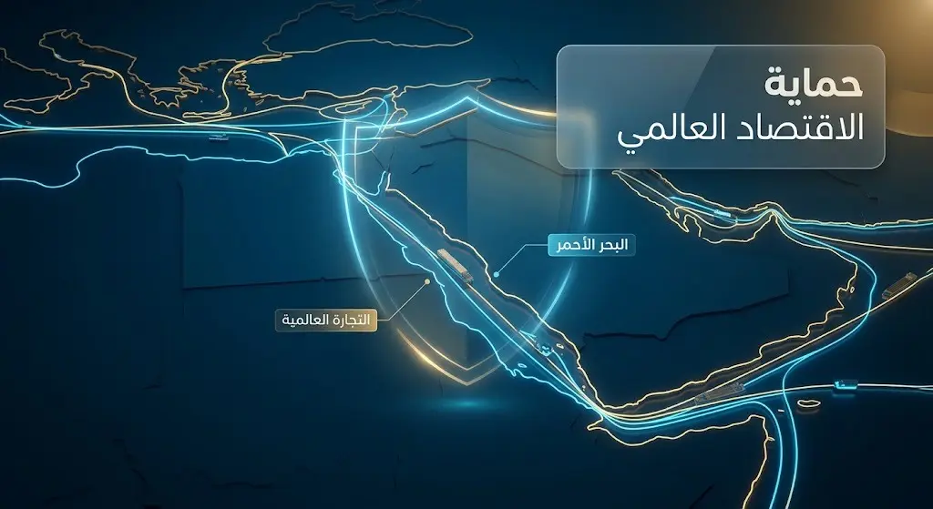 رسم معلوماتي ثلاثي الأبعاد يوضح خريطة البحر الأحمر ومسارات التجارة العالمية تحت درع حماية افتراضي، مع نصوص عربية دقيقة تسلط الضوء على حماية الاقتصاد العالمي.