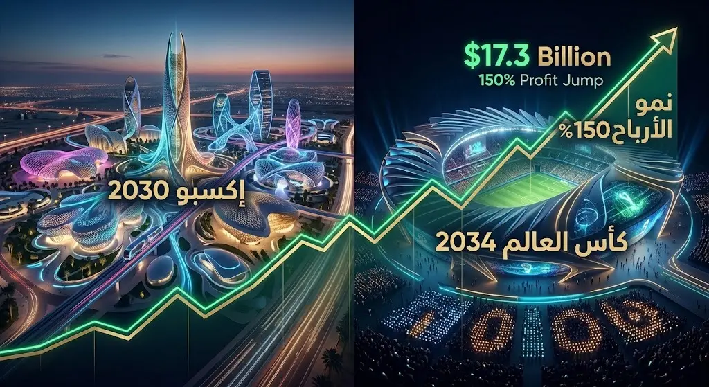 تصميم بصري يدمج بين التحضيرات لاستضافة إكسبو 2030 وكأس العالم 2034 مع مؤشرات النمو المالي لصندوق الاستثمارات العامة.