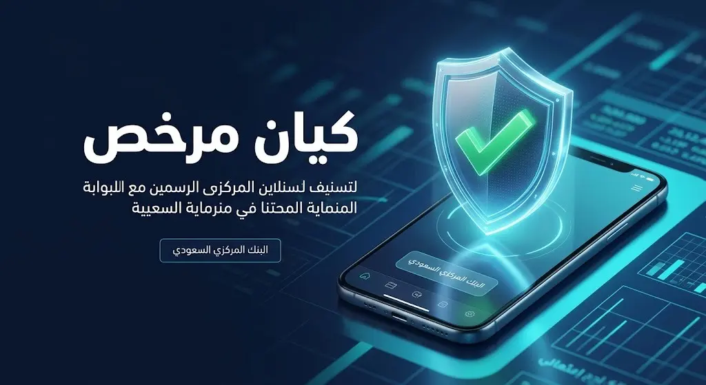 تصميم تعبيري لدرع رقمي وعلامة توثيق خضراء ترمز لعملية التحقق من الكيانات المالية عبر موقع البنك المركزي.