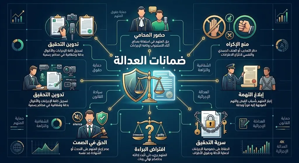 تصميم بصري يستعرض الضمانات القانونية للمشتبه به مثل الحق في الاستعانة بمحامٍ وسرية التحقيقات.