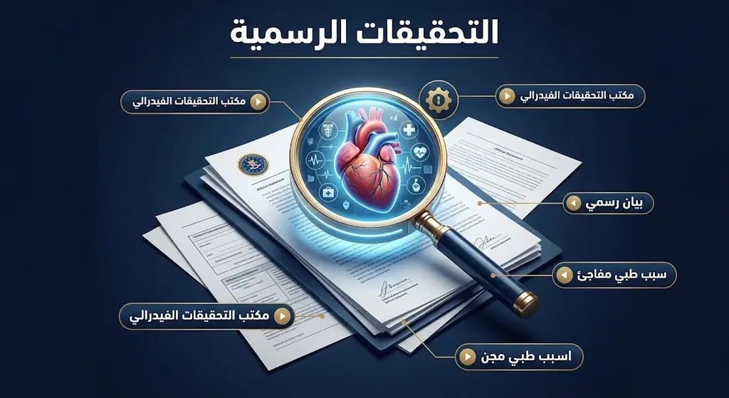 إنفوجرافيك إخباري احترافي يبرز دور مكتب التحقيقات الفيدرالي والبيانات الرسمية المتعلقة بالتقييم الطبي للوفاة.