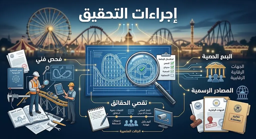 تصميم تعبيري يبرز استمرار التحقيقات الرسمية والفحوصات الفنية لضمان معايير السلامة