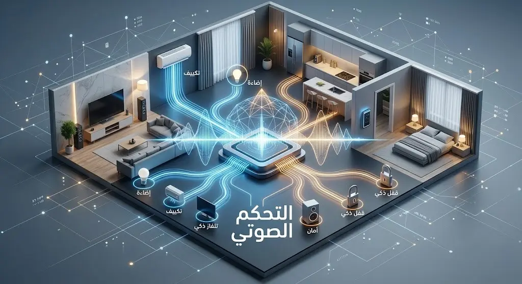 مشهد تعبيري يوضح كيفية التحكم اللاسلكي بالأجهزة المنزلية الذكية عبر الأوامر الصوتية والموجات الصوتية المضيئة.