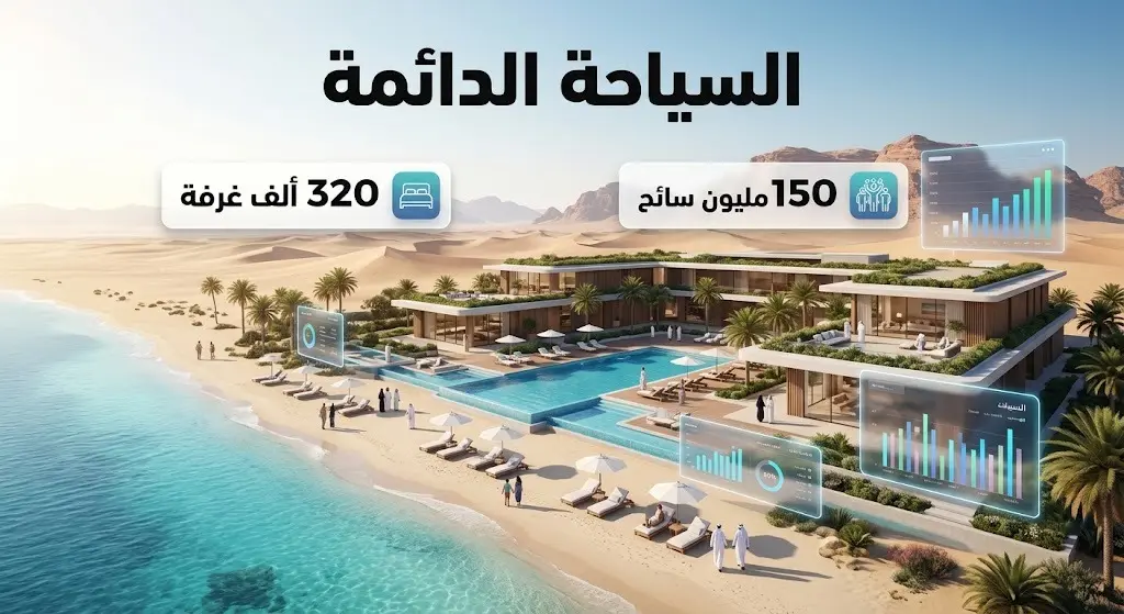 تصميم بصري إبداعي يبرز التحول نحو السياحة الدائمة في السعودية مع أرقام تستهدف 320 ألف غرفة فندقية واستقطاب 150 مليون سائح.