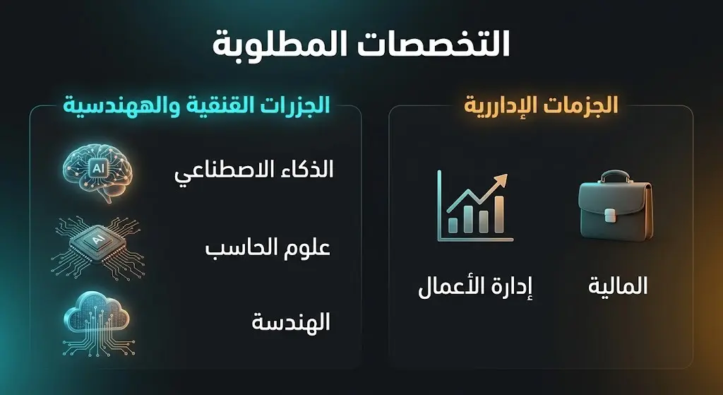 تصميم بصري يقسم التخصصات الأكاديمية المطلوبة للتقديم في الشركة إلى مسارين رئيسيين: التخصصات التقنية والهندسية، والتخصصات الإدارية.