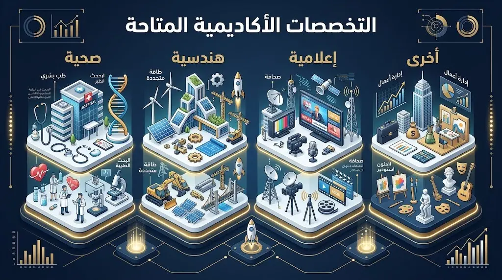إنفوجرافيك احترافي يوضح التخصصات الأكاديمية الأربعة المتاحة للتقديم في جامعة طيبة: الصحية، الهندسية، الإعلامية، وتخصصات أخرى.