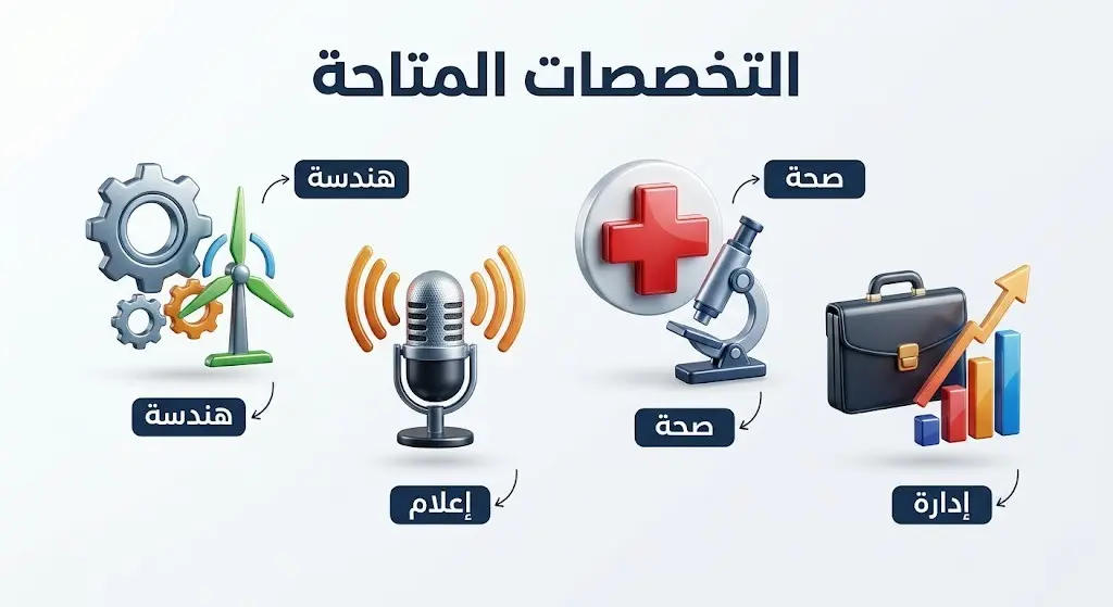 إنفوجرافيك احترافي يوضح التخصصات الأكاديمية المتاحة للتقديم في جامعة طيبة مثل الهندسة، الإعلام، الصحة، والإدارة.