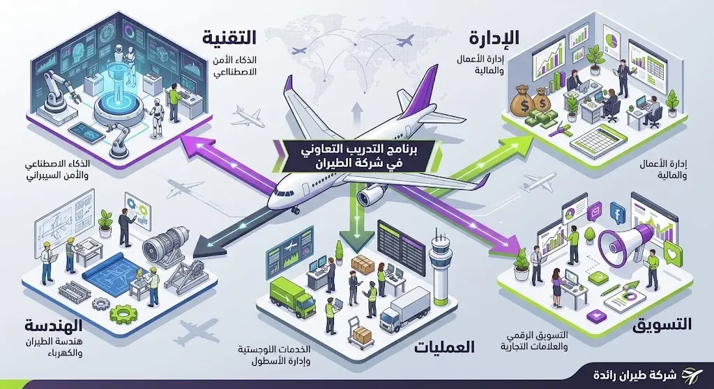 إنفوجرافيك إبداعي يوضح التخصصات الأكاديمية المطلوبة في التدريب التعاوني لطيران أديل لعام 2026، مقسمة إلى خمسة قطاعات رئيسية.