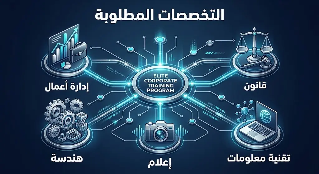 تصميم مرئي إبداعي يوضح التخصصات الأكاديمية والجامعية المستهدفة في برنامج التدريب