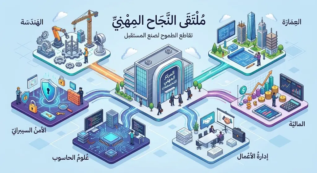 إنفوجرافيك احترافي يوضح التخصصات الأكاديمية المطلوبة في برنامج التدريب التعاوني للسجل العقاري، تشمل الهندسة، العمارة، الإدارة، وتقنية المعلومات.