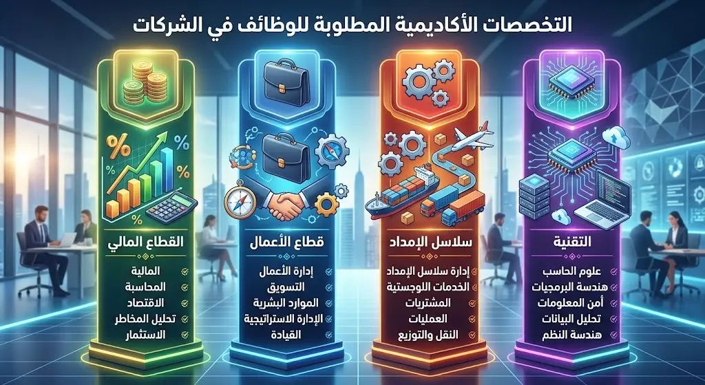 تصميم بياني يوضح القطاعات الأكاديمية الأربعة المطلوبة للتقديم: الأعمال، المالية، التقنية، وسلاسل الإمداد.