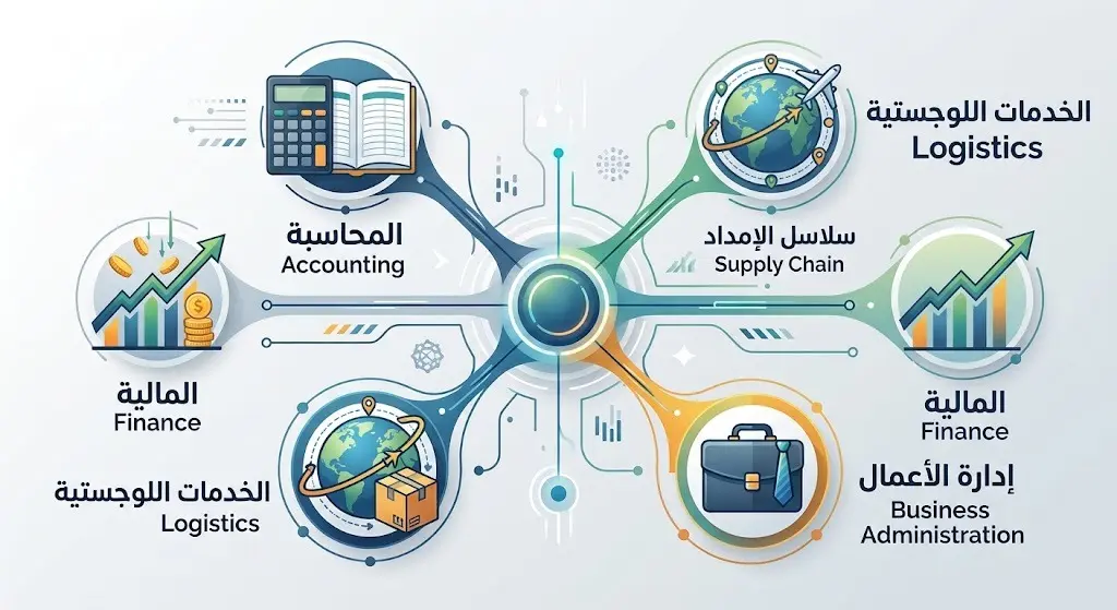 تصميم بصري يستعرض التخصصات الأكاديمية الخمسة المطلوبة للتقديم على وظائف صندوق البيئة وتتضمن المالية والمحاسبة وسلاسل الإمداد والخدمات اللوجستية وإدارة الأعمال.
