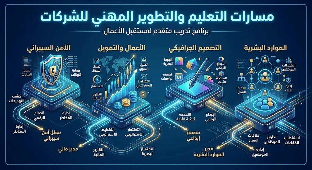 إنفوجرافيك عصري يستعرض التخصصات الأكاديمية المطلوبة لبرنامج التدريب، مقسمة إلى مسارات تقنية، إدارية، مالية، وفنية.