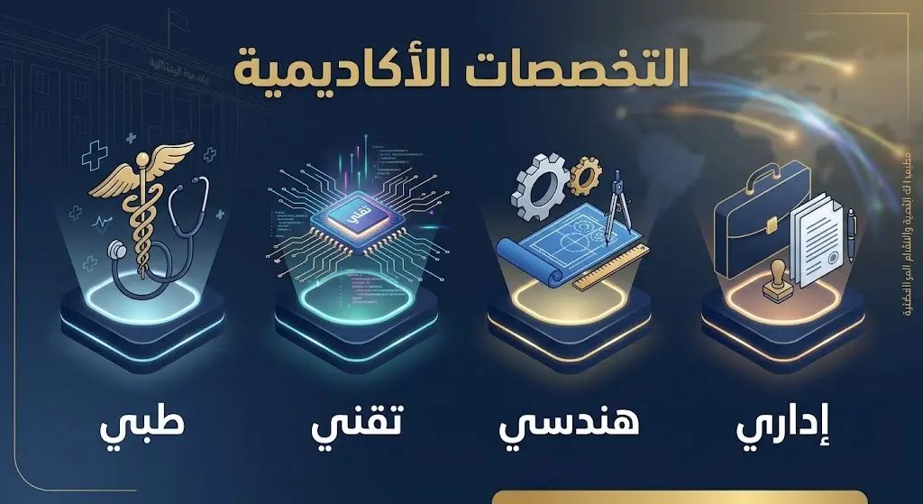 إنفوجرافيك يوضح التخصصات الأكاديمية الأربعة المطلوبة للقبول في كلية الملك خالد العسكرية: الطبية، التقنية، الهندسية، والإدارية.
