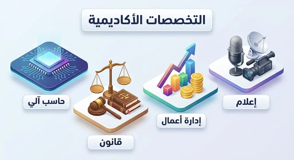 تصميم بصري يستعرض التخصصات الأكاديمية المطلوبة للتقديم على وظائف الهيئة شاملة تخصصات الإدارة، القانون، والتقنية والإعلام.