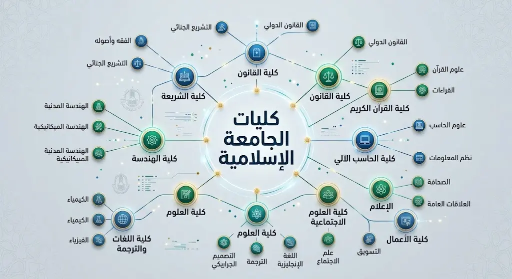 إنفوجرافيك يوضح الكليات العشر والتخصصات الثمانية عشر المتاحة في الجامعة الإسلامية بالمدينة المنورة للعام 1448هـ.