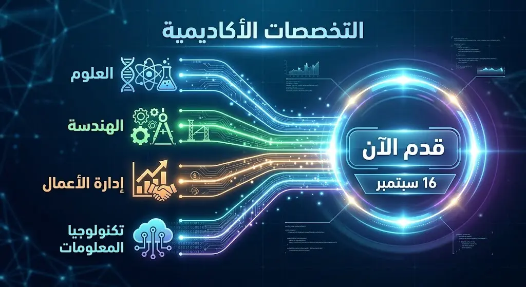 تصميم بصري يستعرض التخصصات الأكاديمية المطلوبة كالهندسة وإدارة الأعمال وتقنية المعلومات مع إشارة لطريقة التقديم