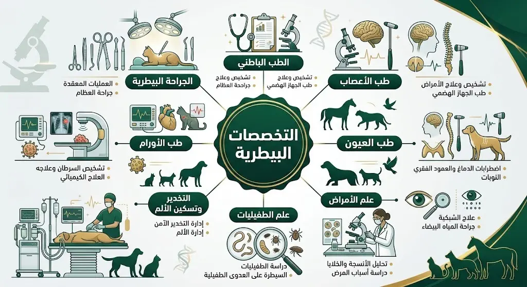إنفوجرافيك احترافي يستعرض التخصصات البيطرية التسعة المطلوبة للوظائف الأكاديمية بجامعة الملك فيصل.